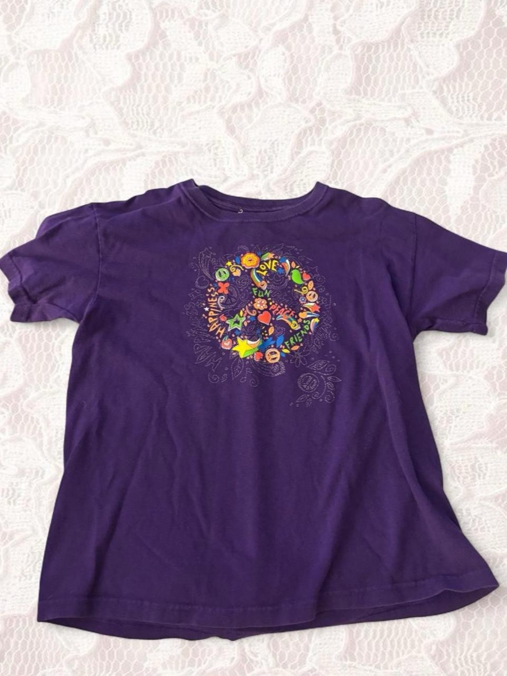 Purple Graphic Tee with Colorful Peace Design